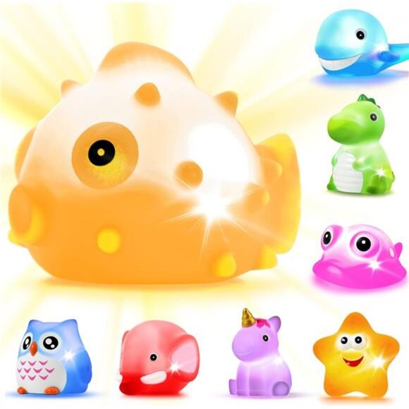 Bath Toys, 8 Pcs Light Up Floating Rubber Animal Toys Set, Flashing Color - Picture 1 of 8